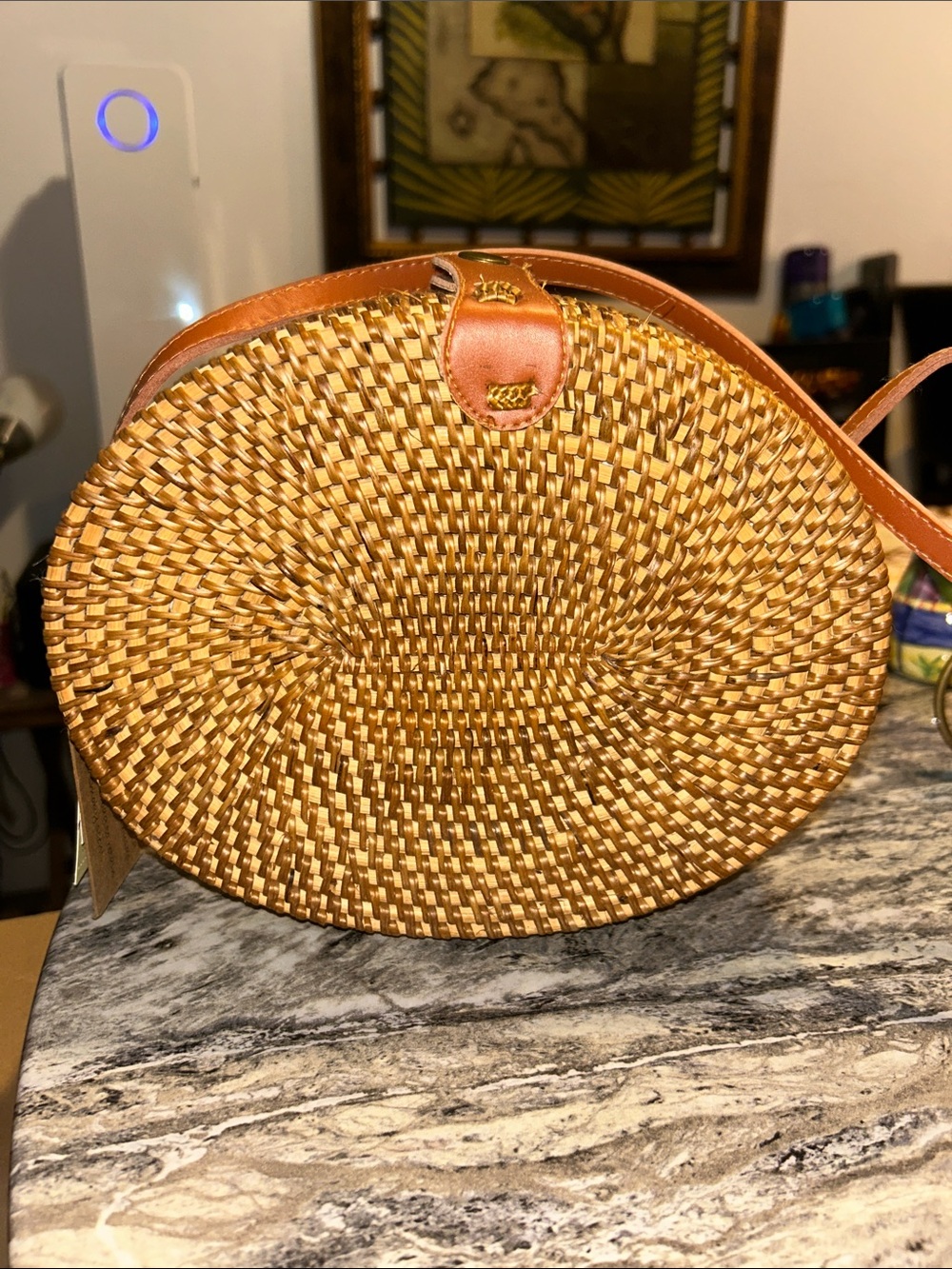 Hand Woven ATA grass Round Straw Crossbody Bag - Tan from Bali